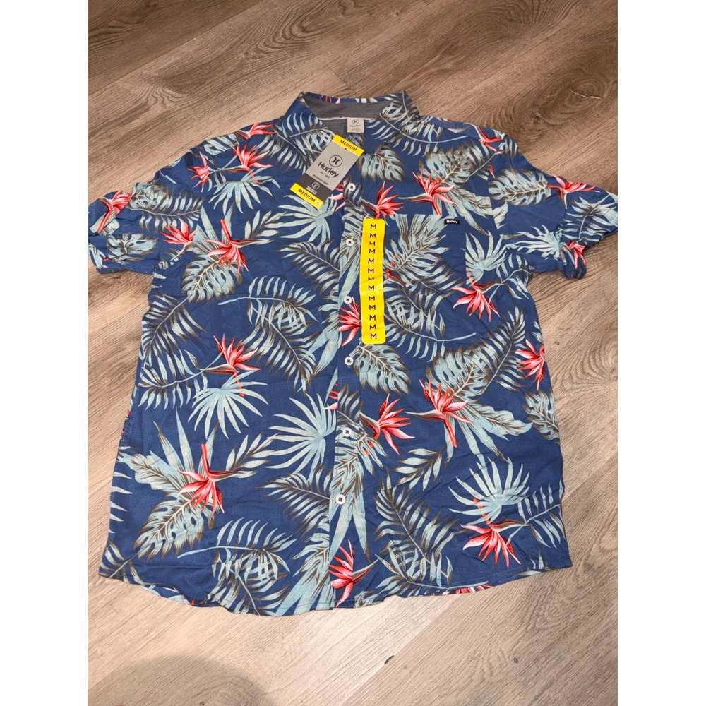 Hurley Mens Boardwalk Shirt Medium Blue Tropical Floral Rayon Button Down NWT